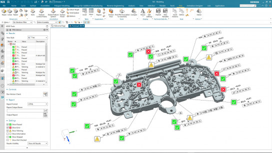 NX PMI Advisor pro ověřování a navádění. Na obrázku je zobrazen NX PMI Advisor, plně integrované řešení pro ověřování PMI, které umožňuje oznámení ověřující, zda je PMI v souladu s průmyslovými a podnikovými standardy. NX PMI Advisor nevyžaduje tolik vysoce vyškolených odborníků na GD&T a vyrábí kvalitnější díly za kratší dobu.