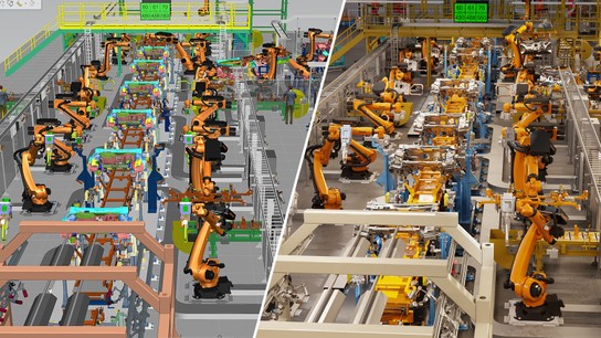 Siemens Process Simulate (vlevo) se připojuje k NVIDIA Omniverse (vpravo) a umožňuje vytvořit fotorealistické digitální dvojče v reálném čase v plné věrnosti návrhu..